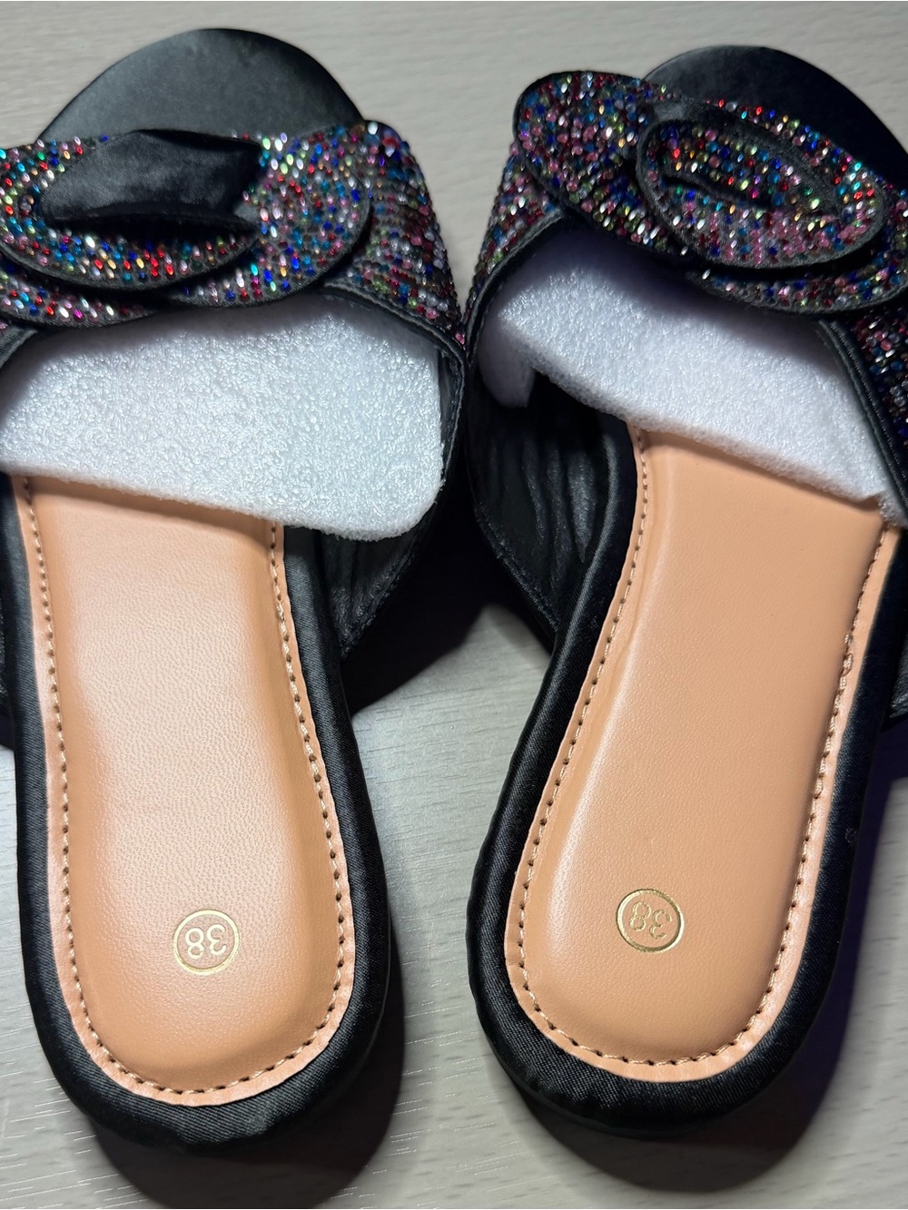 Black Multicolor Crystal Slide Sandals for Women